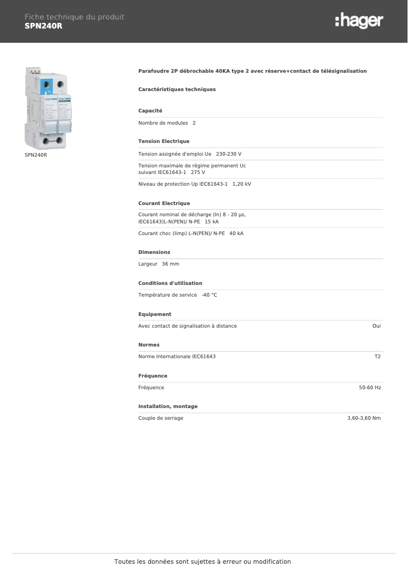 Page n°1 - Fiche technique Hager SPN240R