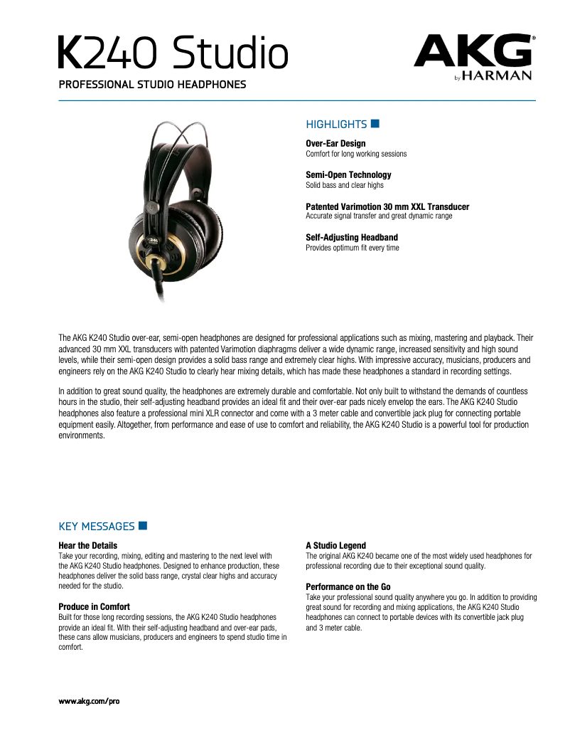 Page n°1 - Fiche technique AKG K240 Studio