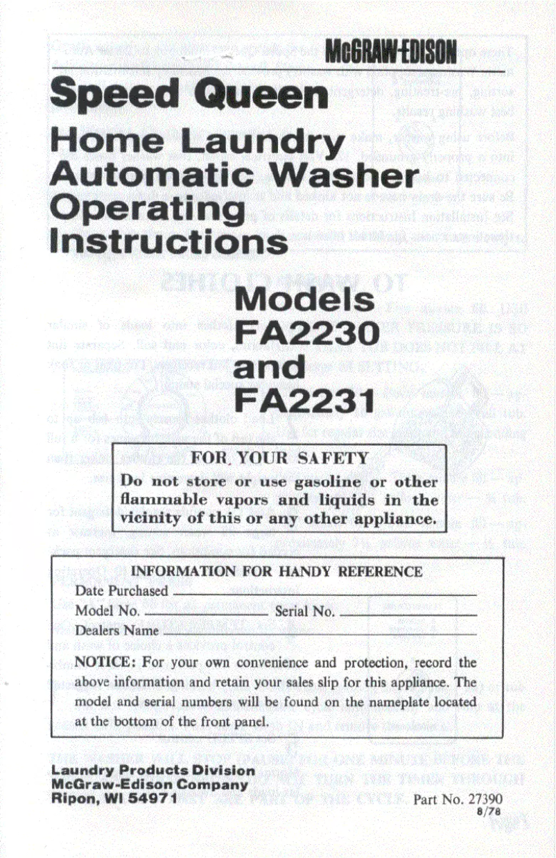 Page n°1 - Manuel utilisateur Speed Queen FA2230