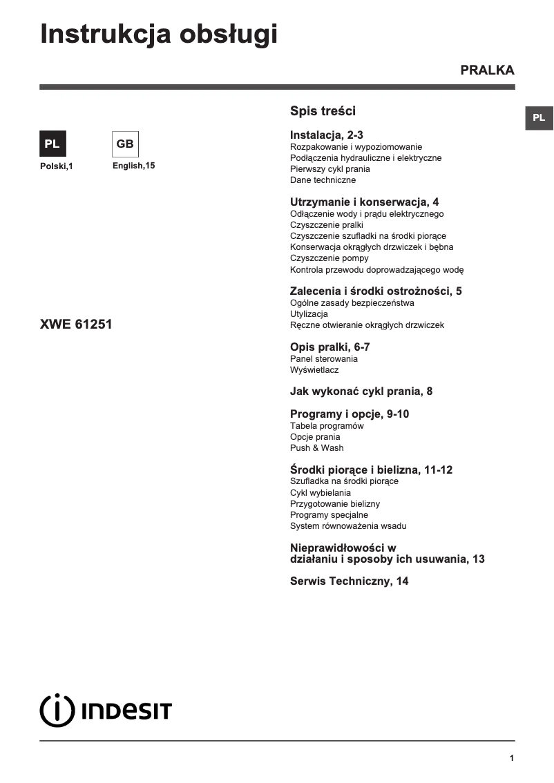 Page n°1 - Manuel utilisateur Indesit XWE 61251 W PL