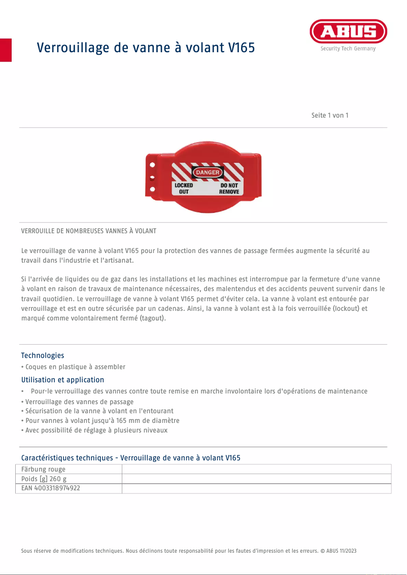 Page n°1 - Fiche technique Abus V165