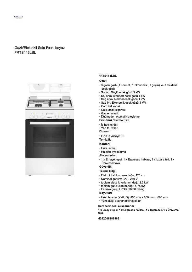 Page 1 de la notice Fiche technique Profilo FRTS113LBL