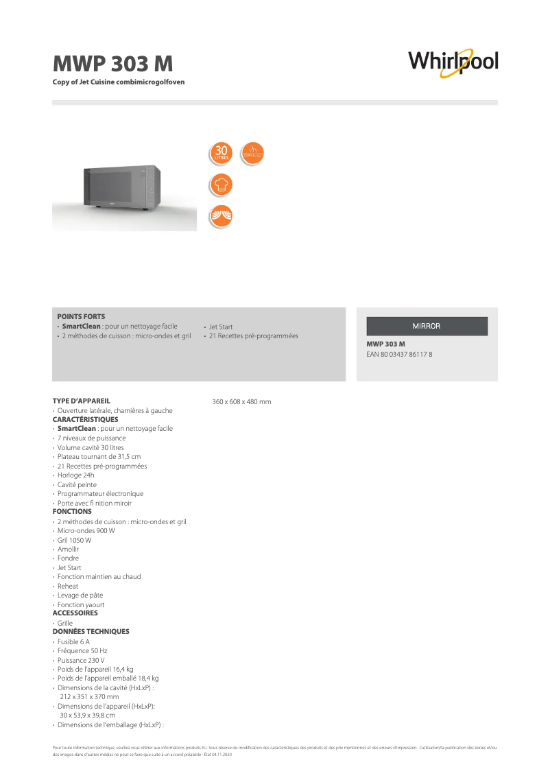 Page n°1 - Fiche technique Whirlpool Cook 30 MWP 303 M