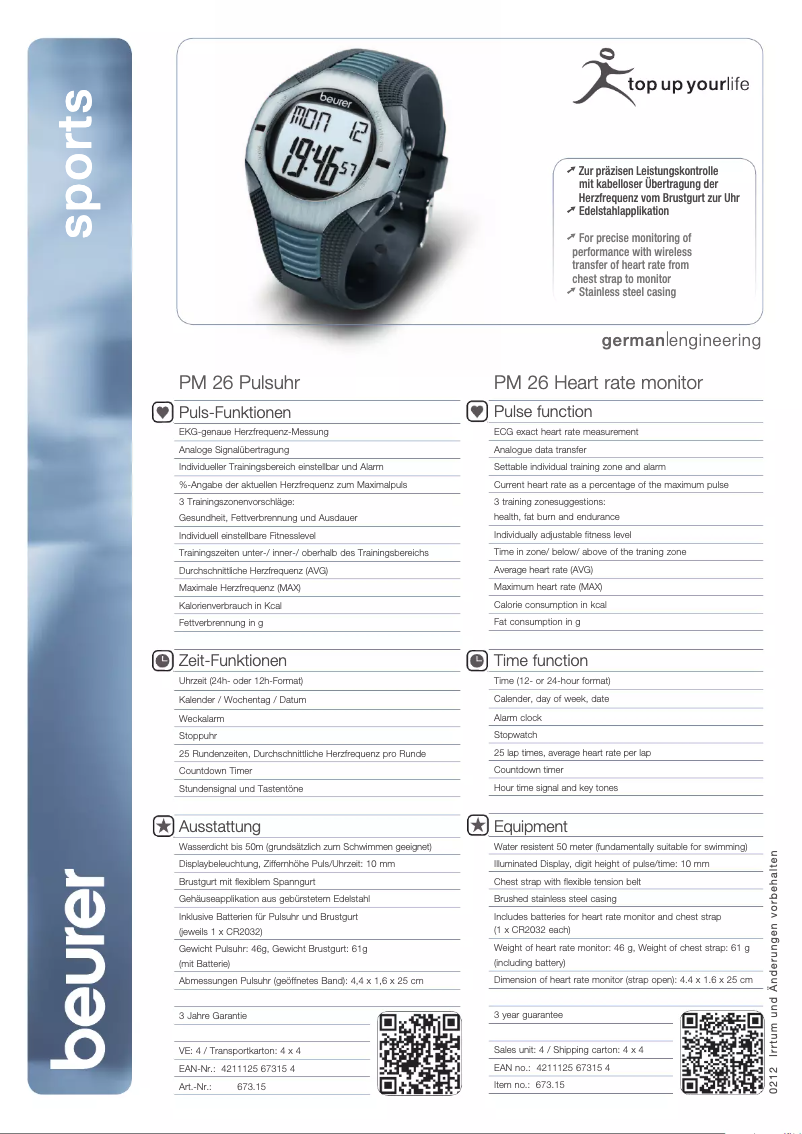 Page 1 de la notice Fiche technique Beurer PM 26