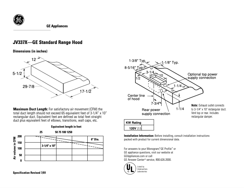 Page n°1 - Fiche technique GE JV337XCT