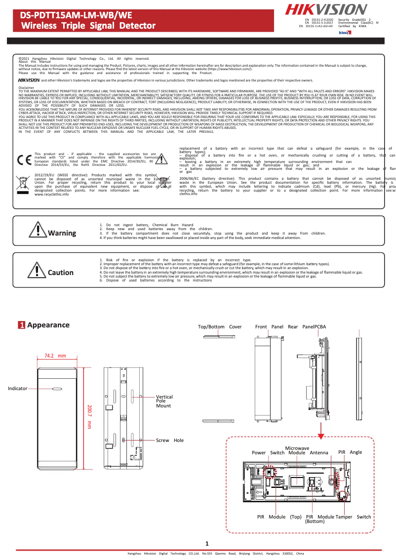 Page n°1 - Manuel utilisateur Hikvision DS-PDTT15AM-LM-WB