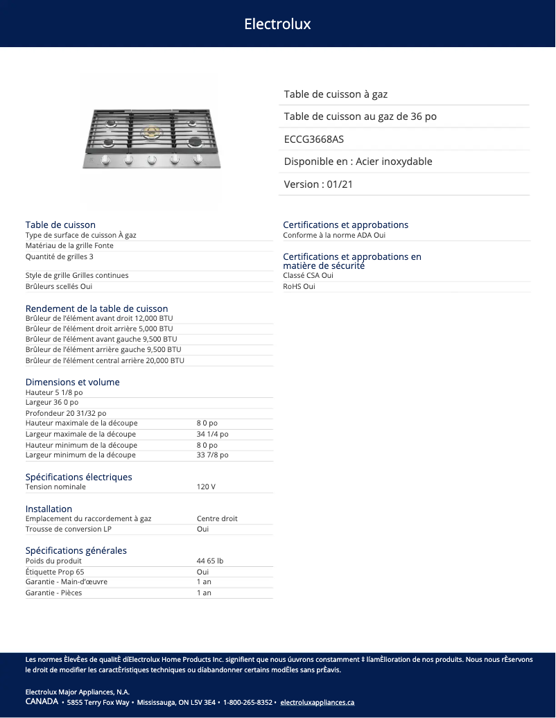 Page 1 de la notice Fiche technique Electrolux ECCG3668AS