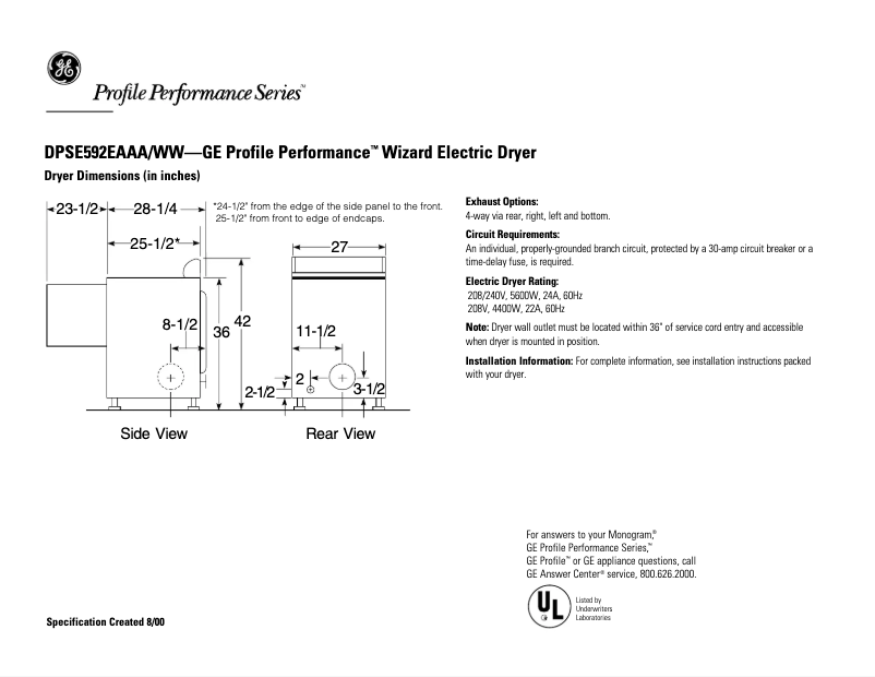 Page 1 de la notice Fiche technique GE Profile Wizard DPSE592EAAA