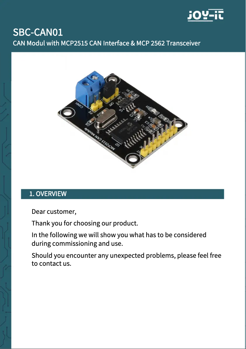 Page n°1 - Manuel utilisateur Joy-It SBC-CAN01