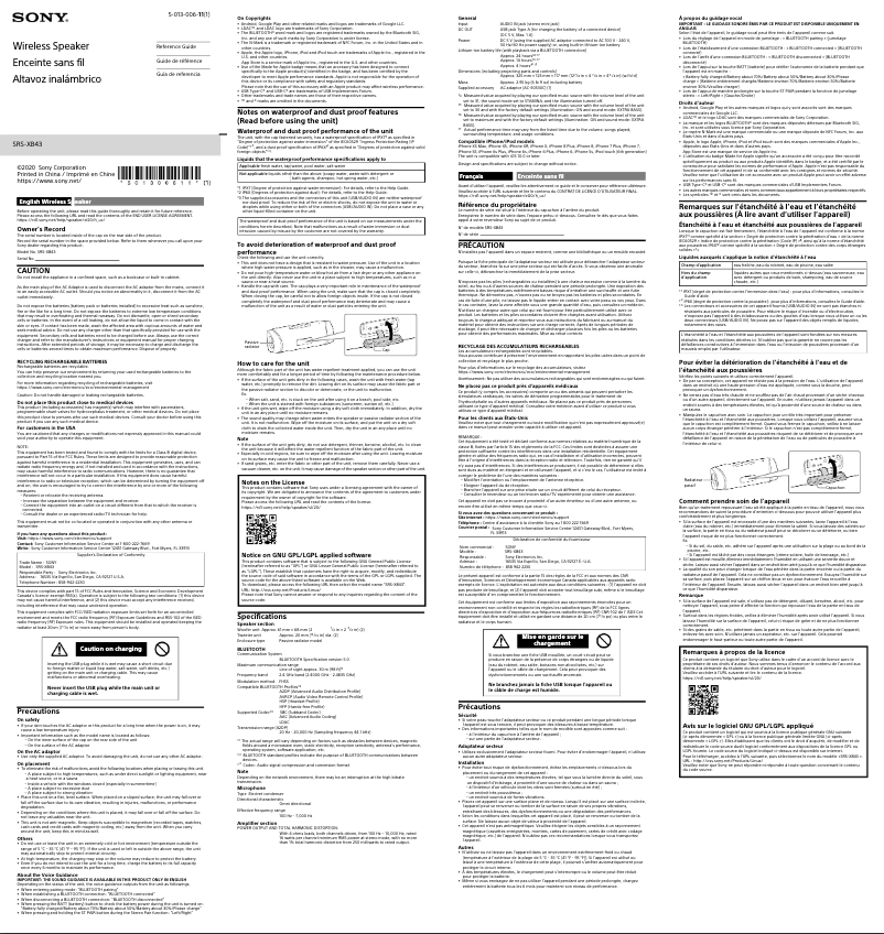 Page 1 de la notice Manuel utilisateur Sony SRS-XB43