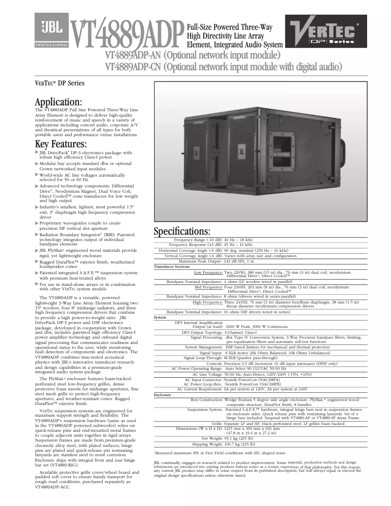 Page 1 de la notice Fiche technique JBL VT4889ADP