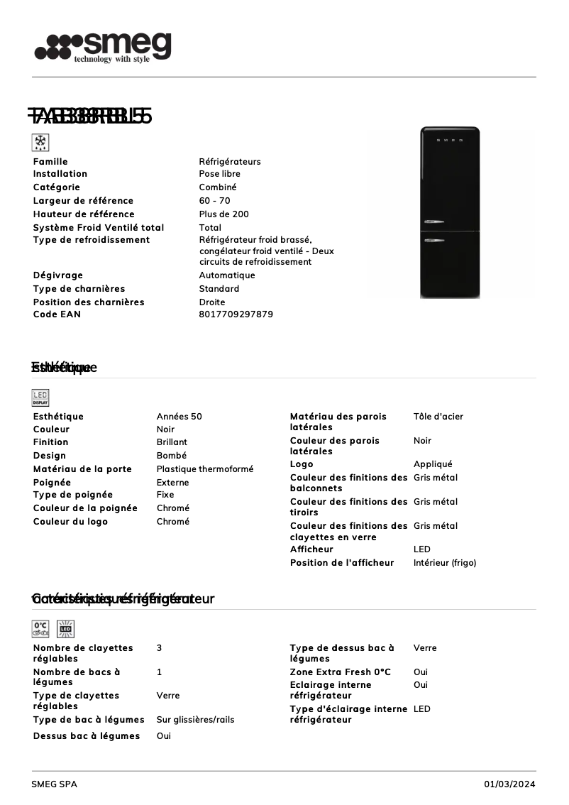 Page 1 de la notice Fiche technique Smeg FAB38RBL5