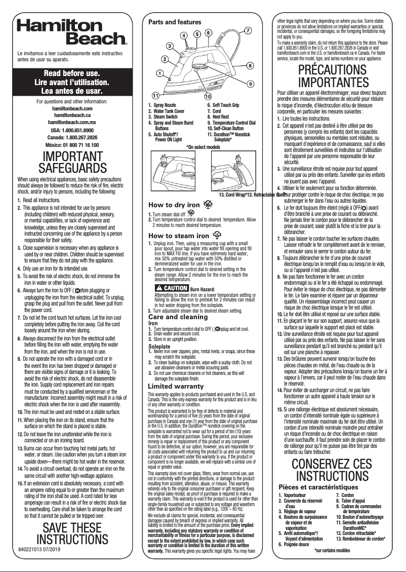 Page 1 de la notice Manuel utilisateur Hamilton Beach Durathon 19800F