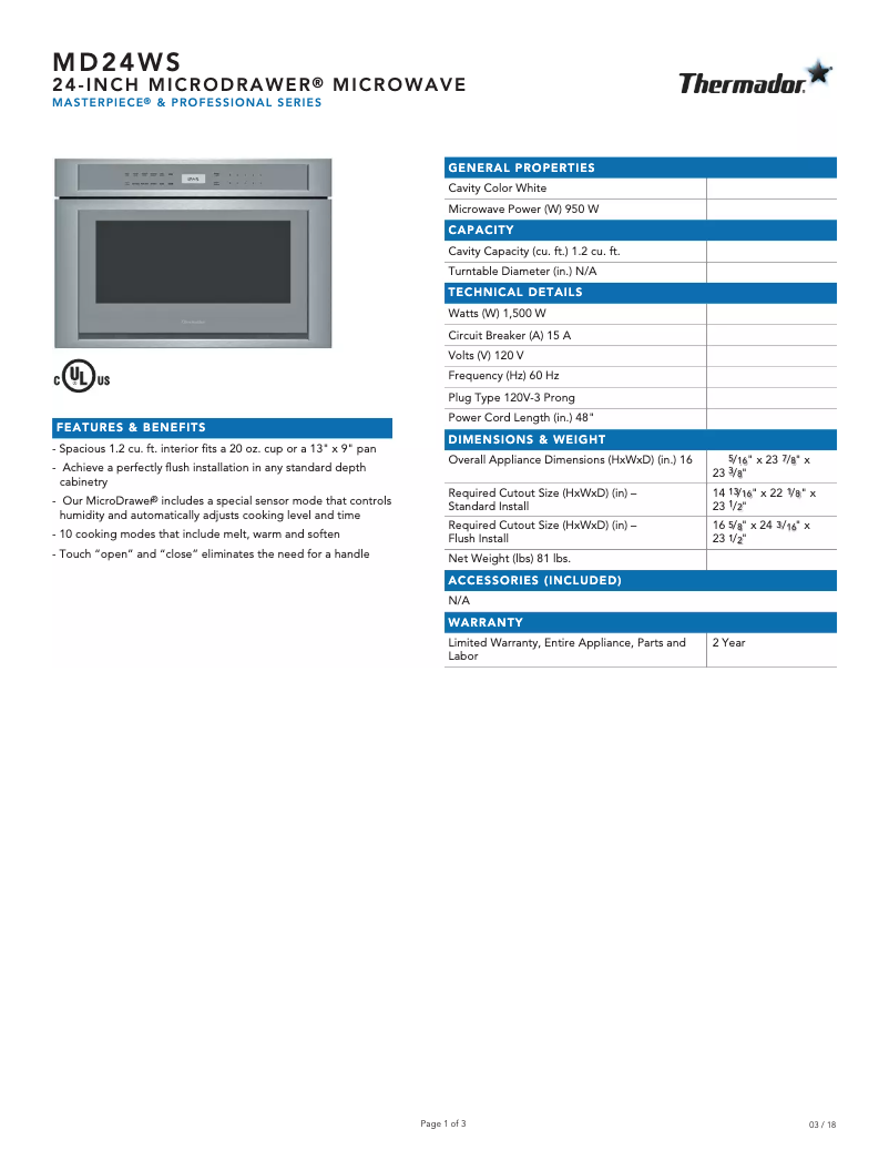 Page 1 de la notice Fiche technique Thermador MD24WS