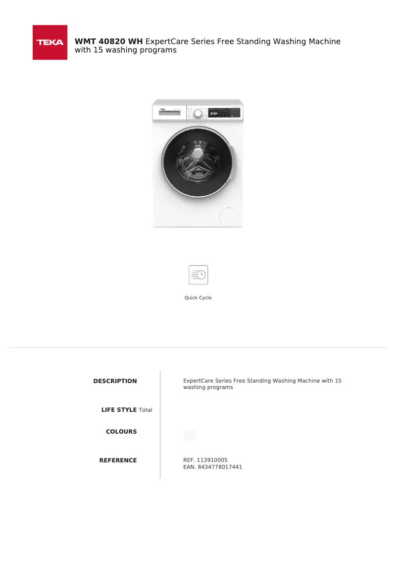 Page n°1 - Fiche technique Teka WMT 40820 WH