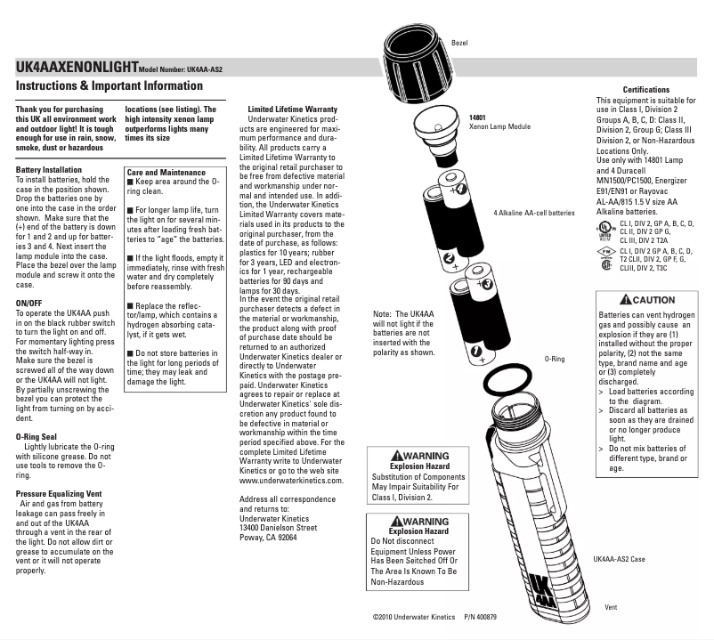 Page 1 de la notice Manuel utilisateur Underwater Kinetics UK4AA Xenon Front Switch