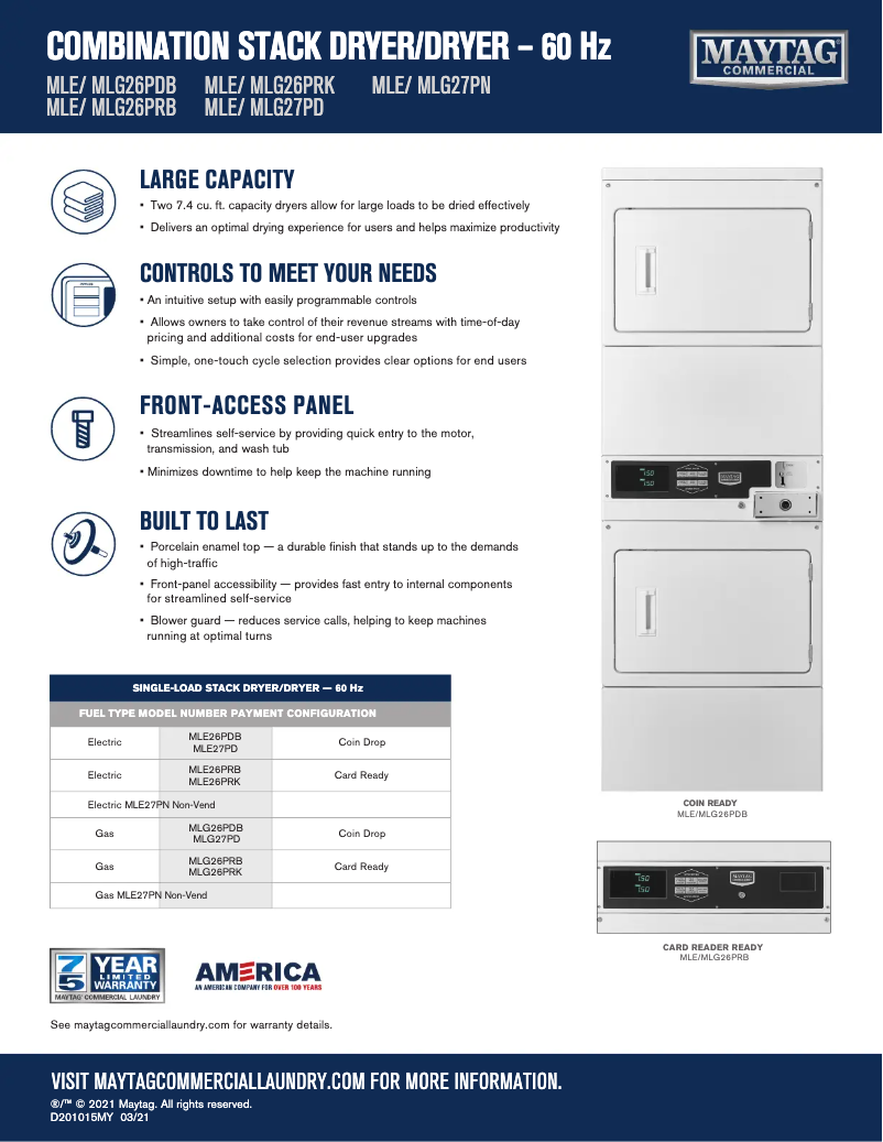 Page 1 de la notice Fiche technique Maytag MLG27PDBWW
