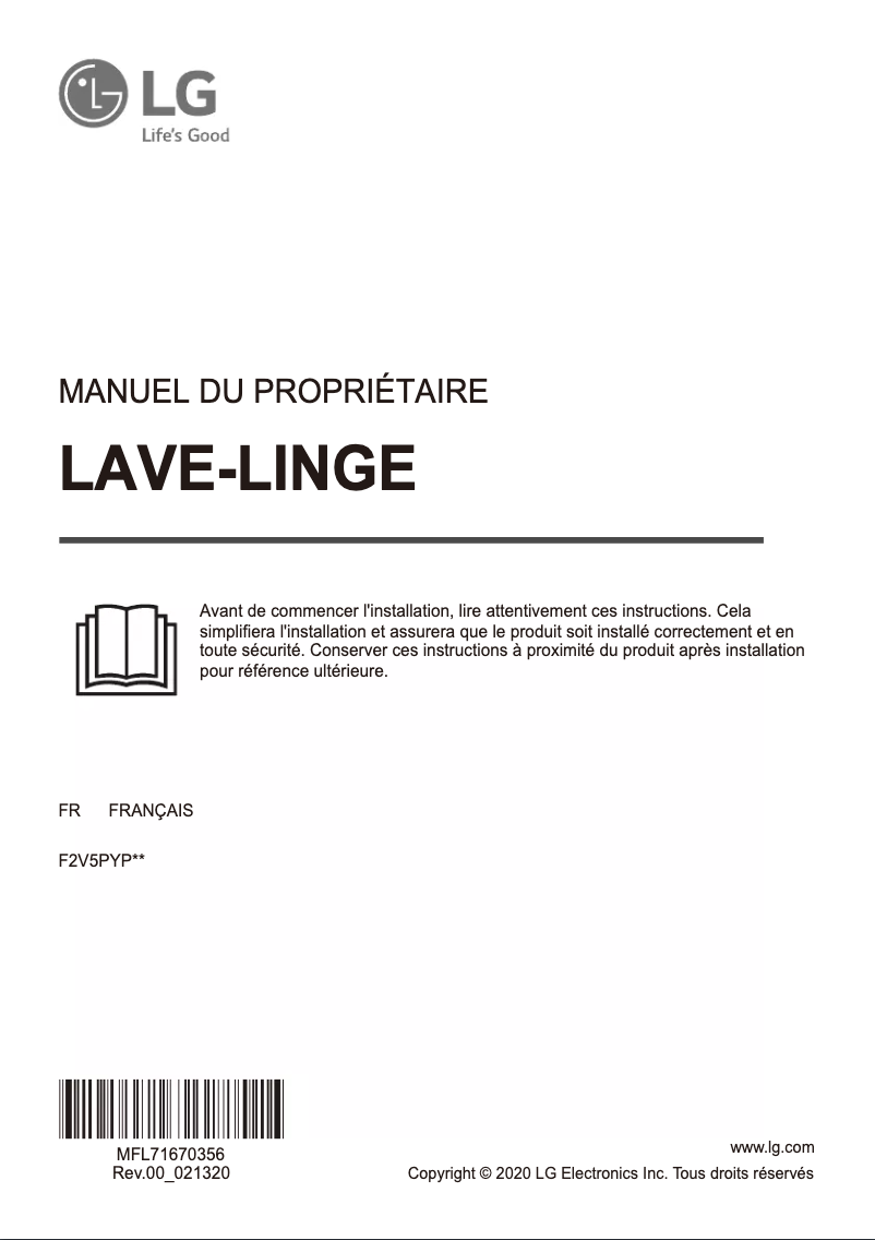 Page 1 de la notice Manuel utilisateur LG F2V5PYP0W
