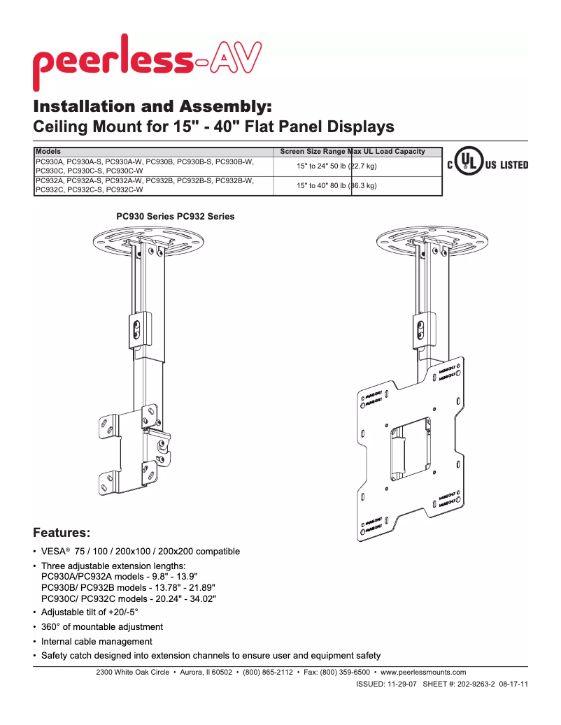 Page n°1 - Manuel utilisateur Peerless-AV PC932B-W