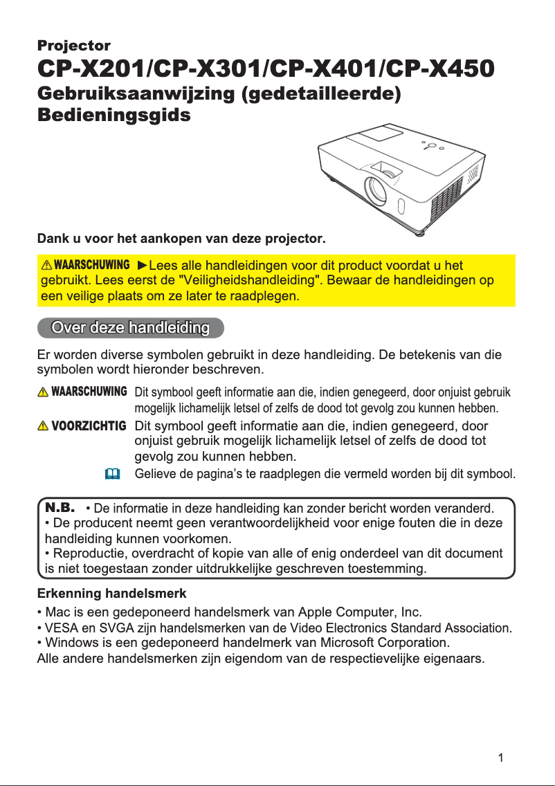 Image de la première page du manuel de l'appareil CP-X450WF