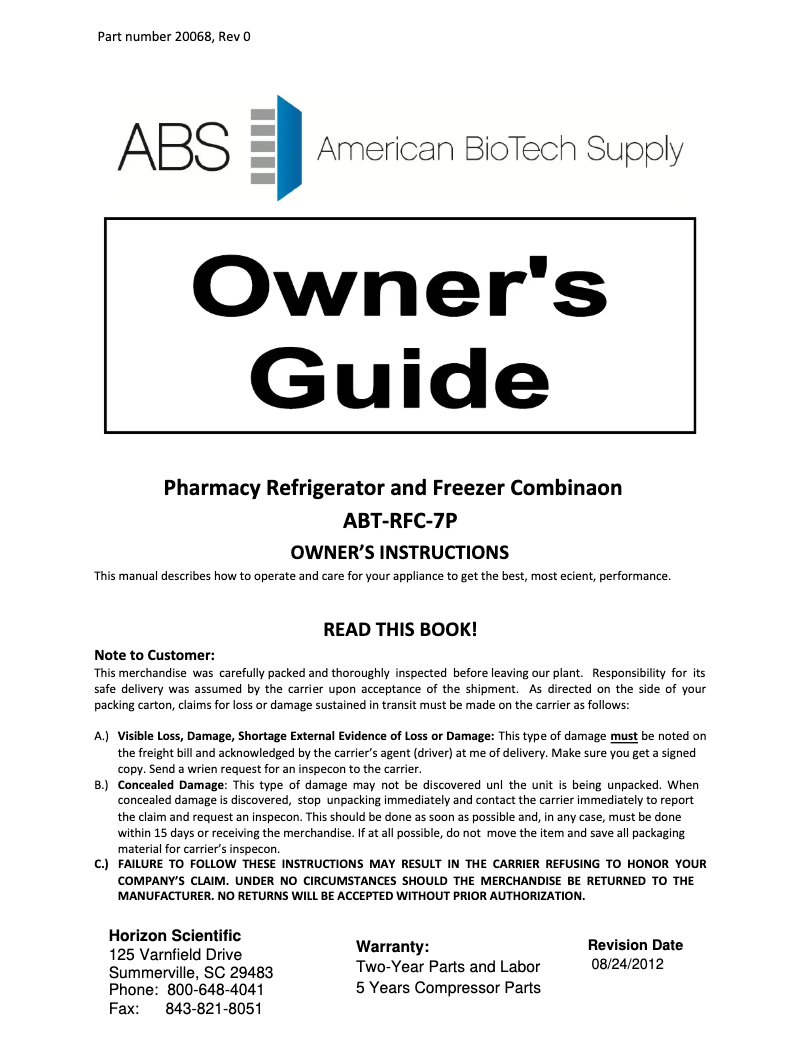 Page 1 de la notice Manuel d'utilisation et d'entretien American BioTech Supply ABT-HC-RFC7