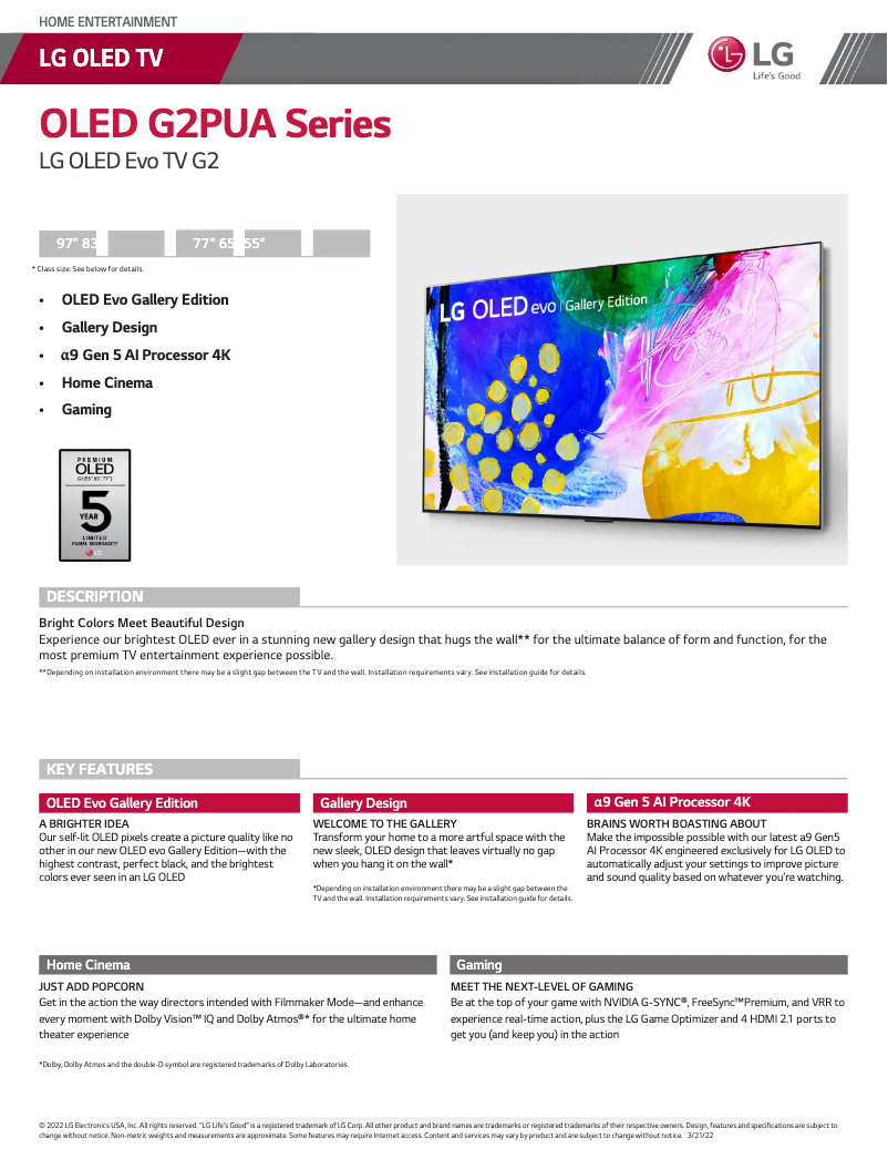 Page n°1 - Fiche technique LG OLED83G2PUA
