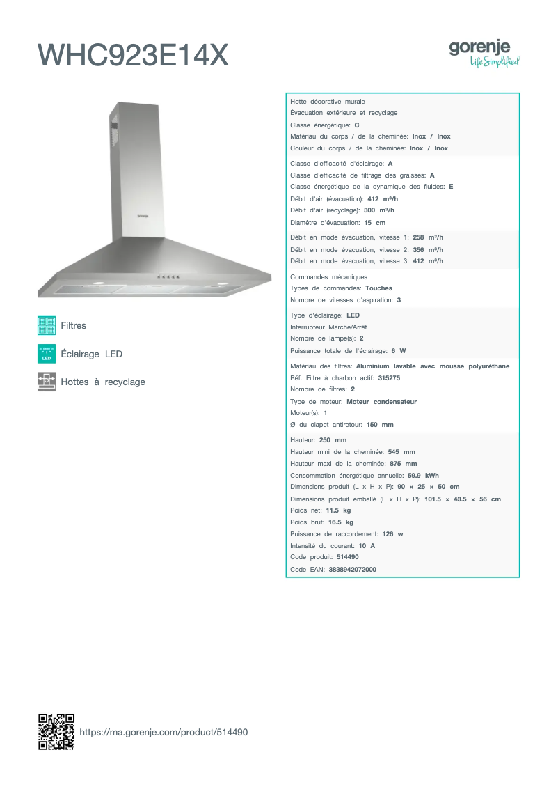 Page 1 de la notice Fiche technique Gorenje WHC923E14X