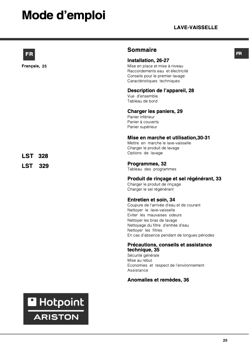 Page 1 de la notice Manuel utilisateur Hotpoint Ariston LST 328