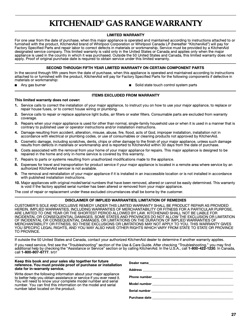 Page 1 de la notice Informations de garantie KitchenAid KGSS907SSS