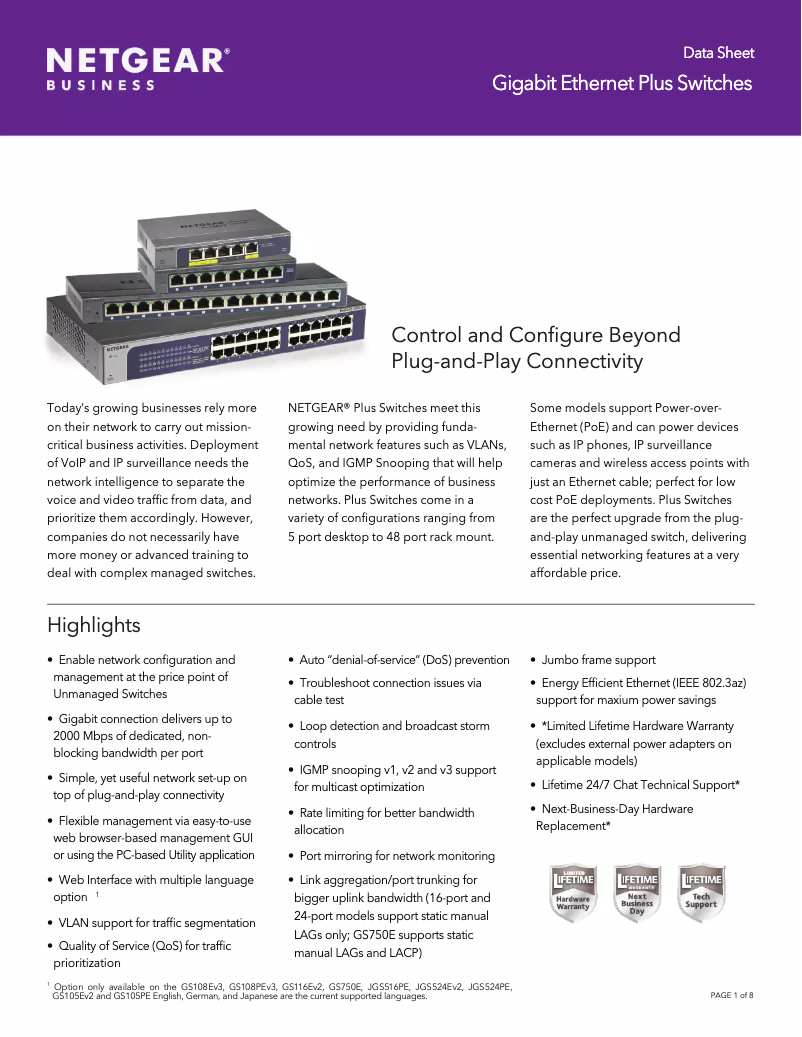 Page n°1 - Fiche technique Netgear GS105PE