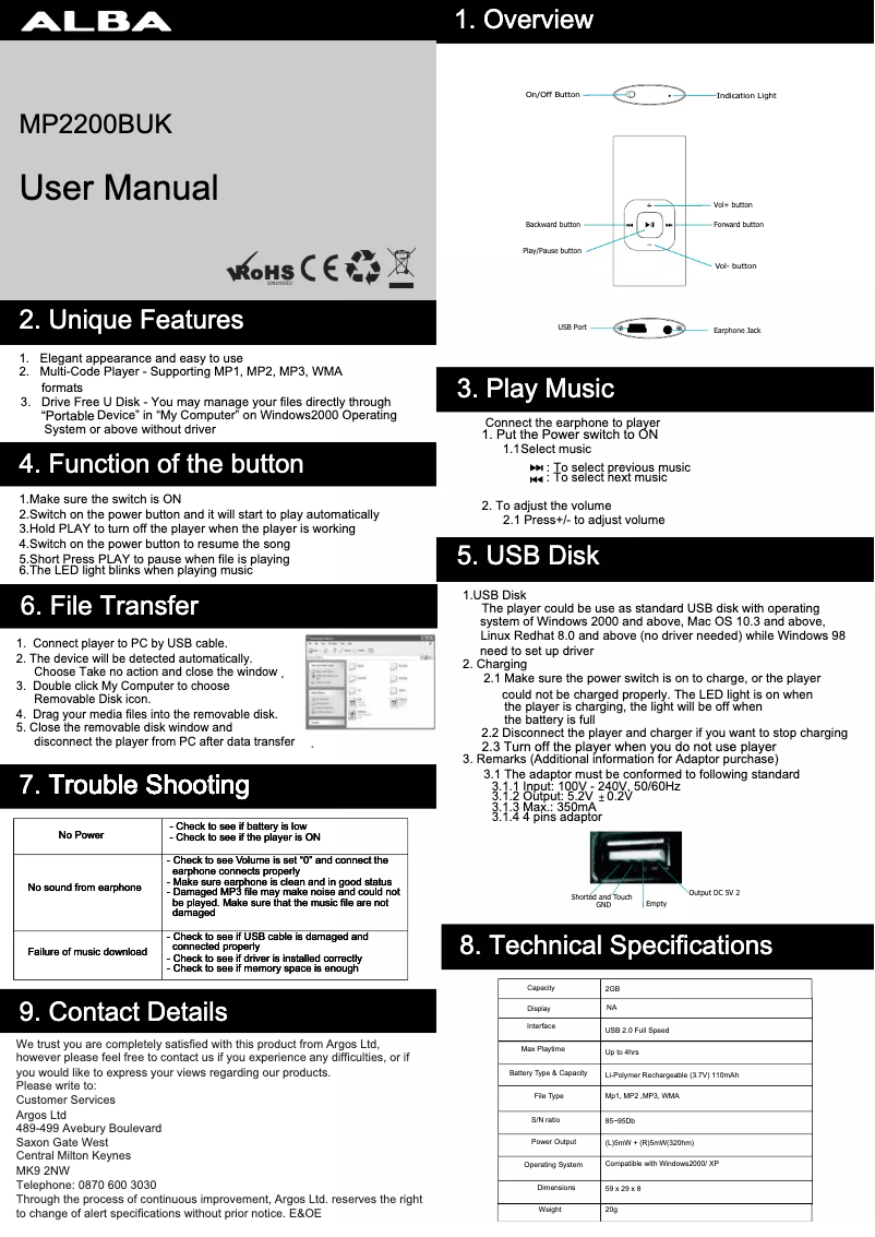 Page 1 de la notice Manuel utilisateur Curtis MP2200BUK