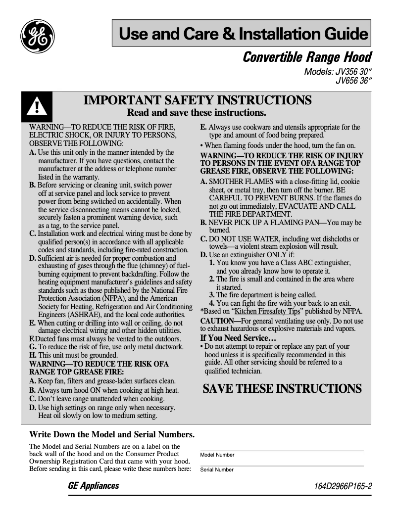 Page 1 de la notice Manuel utilisateur GE JV656VBB