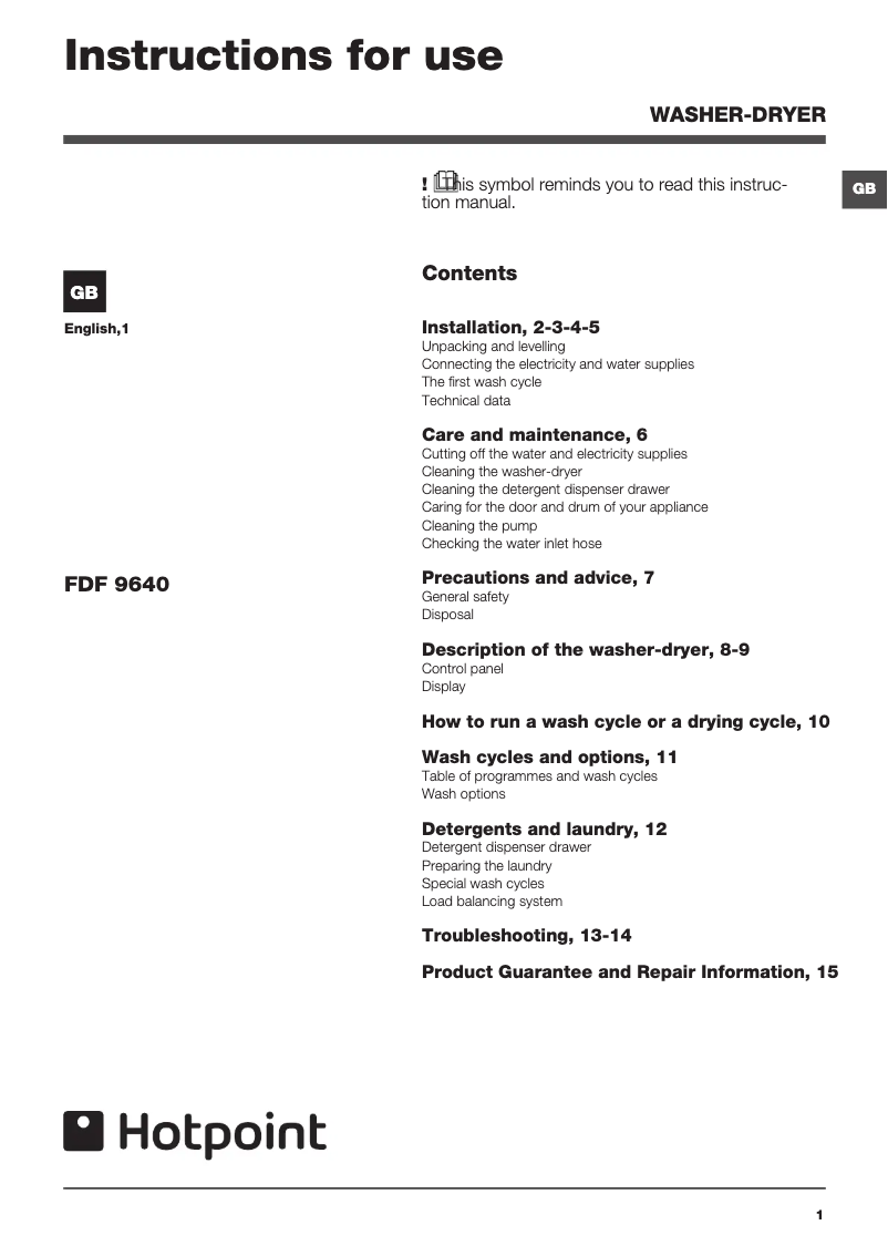 Page n°1 - Manuel utilisateur Hotpoint FDF 9640 G UK