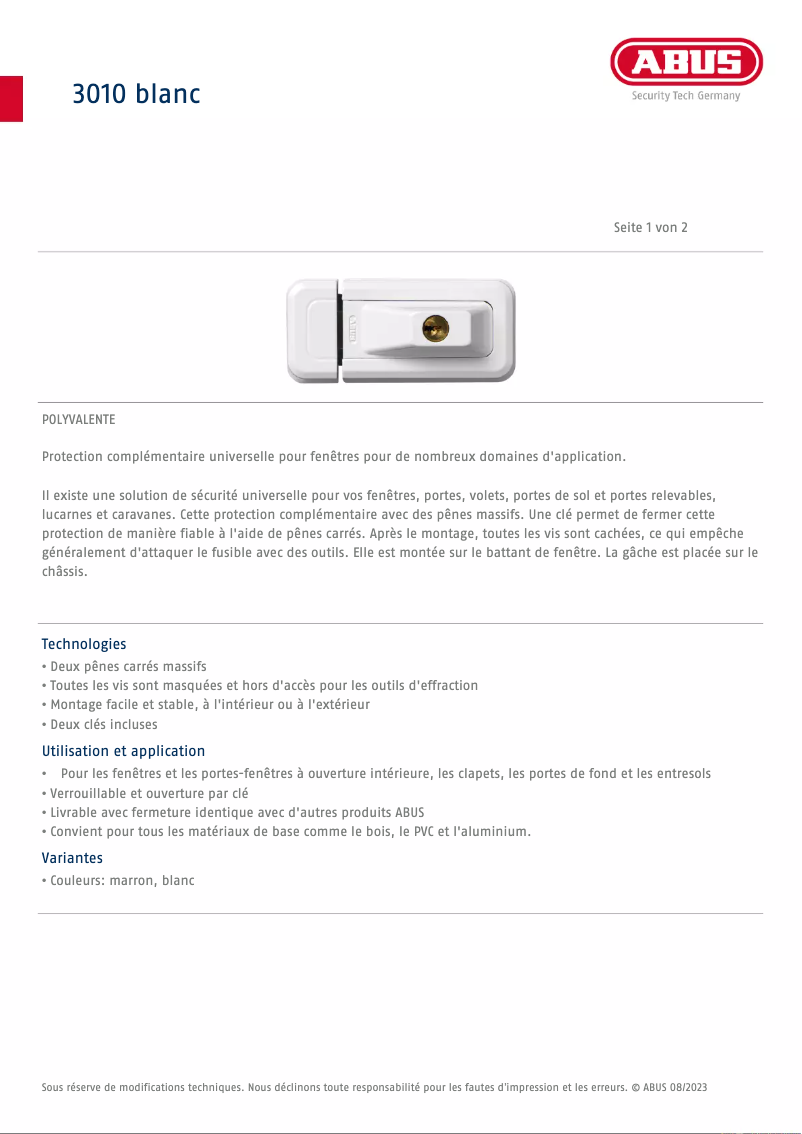 Page 1 de la notice Fiche technique Abus 3010