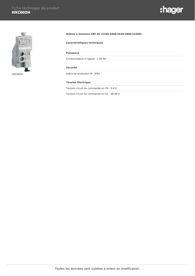 Page n°1 - Fiche technique Hager HXC002H