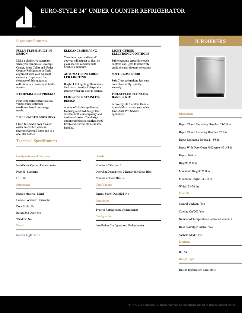 Página 1 del manual Ficha técnica JennAir JUR24FRERS