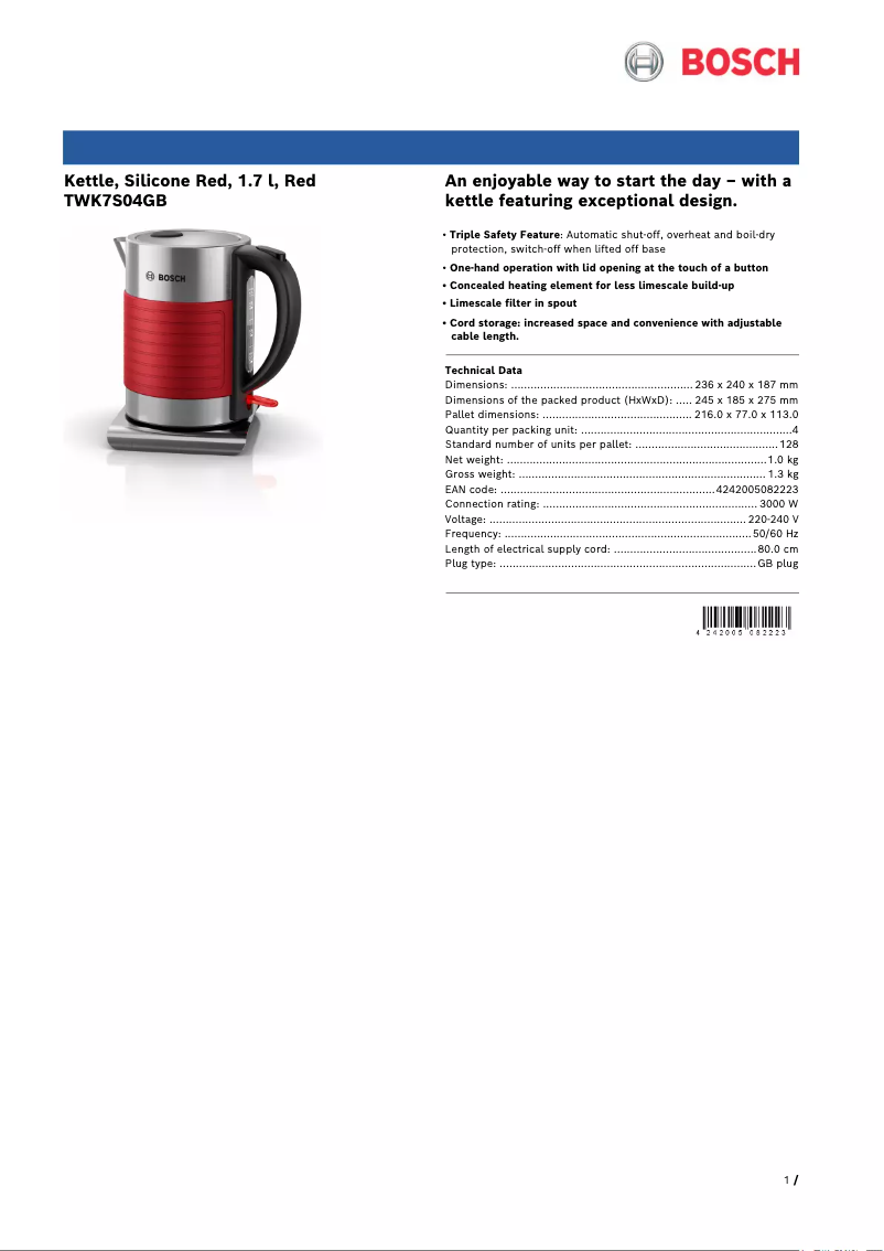 Page n°1 - Fiche technique Bosch TWK7S04GB