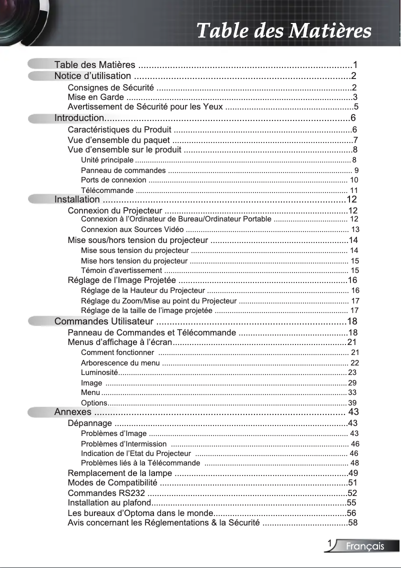 Page 1 de la notice Manuel utilisateur Optoma EW628