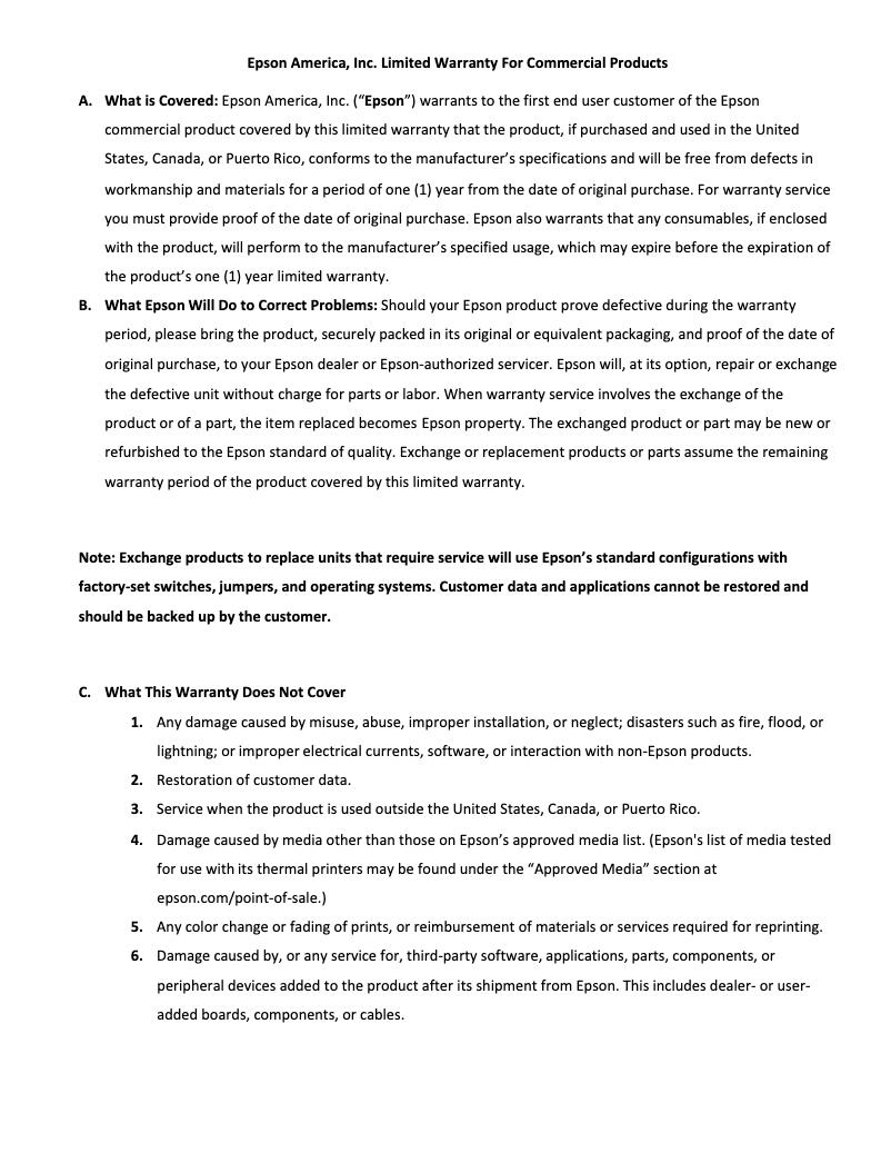 Page 1 de la notice Informations de garantie Epson Mobilink TM-P20II