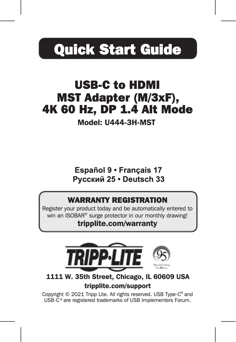 Page 1 de la notice Manuel utilisateur Tripp Lite U444-3H-MST