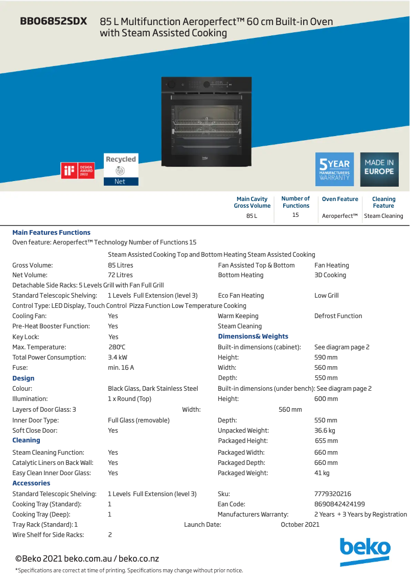 Page 1 de la notice Fiche technique Beko BBO6852SDX