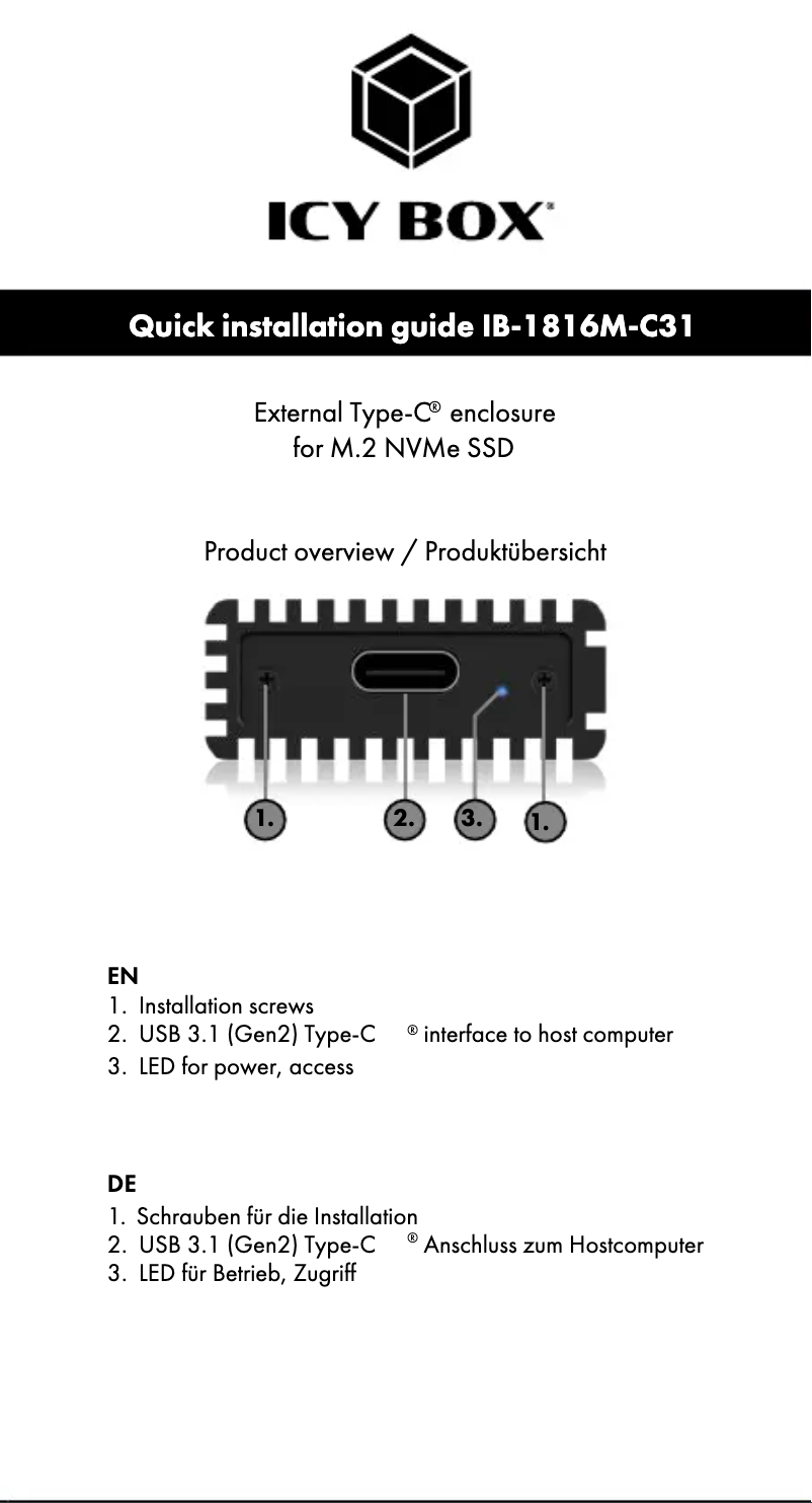 Page 1 de la notice Manuel utilisateur Icy Box IB-1816M-C31