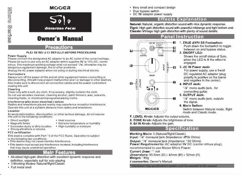 Page 1 de la notice Manuel utilisateur Mooer Solo