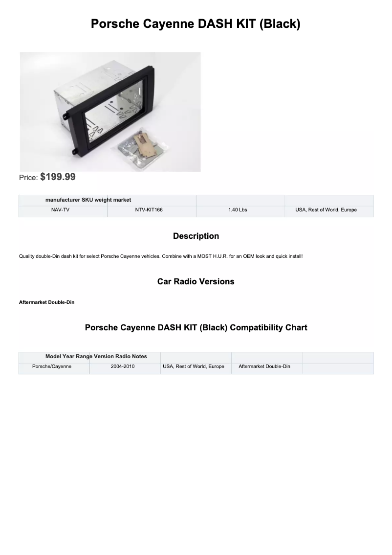 Image de la première page du manuel de l'appareil Dash Kit NTV-KIT166