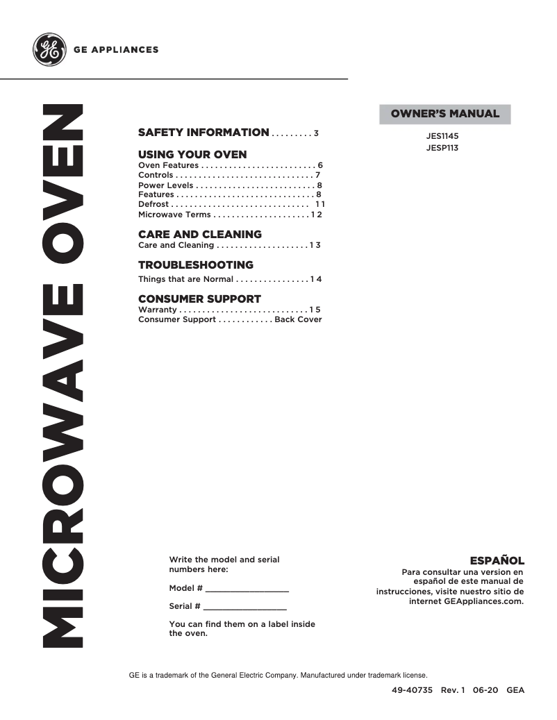 Page 1 de la notice Manuel d'utilisation et d'entretien GE JES1145DLWW