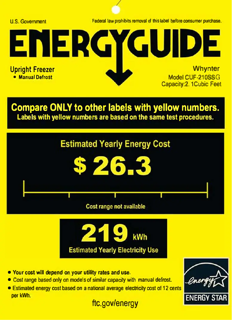 Page 1 de la notice Label énergétique Whynter CUF-210SSG