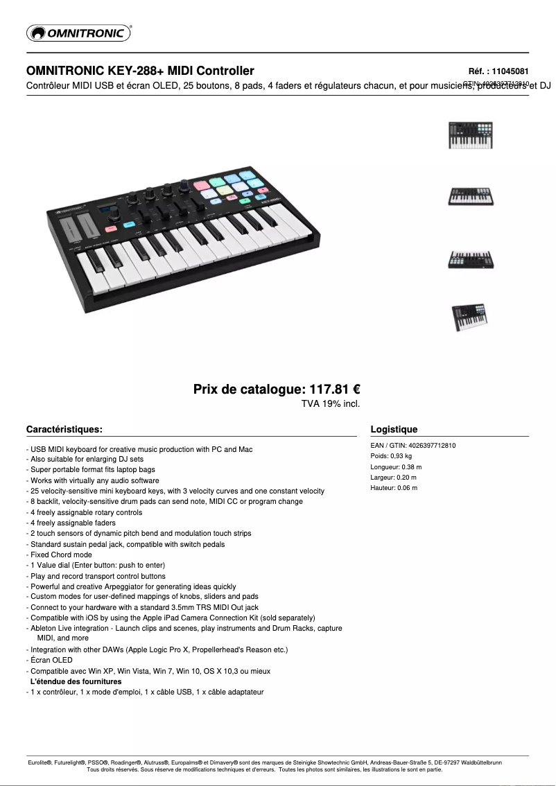Page n°1 - Fiche technique Omnitronic KEY-288