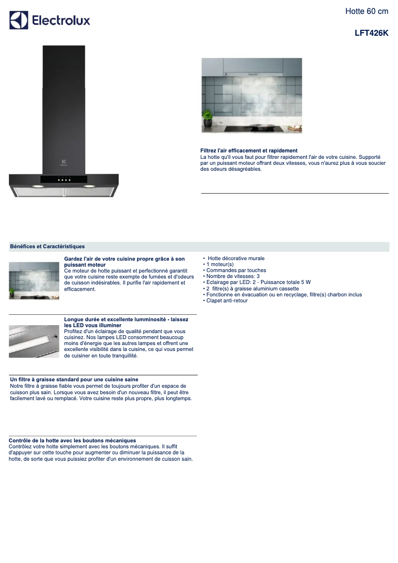 Page 1 de la notice Fiche technique Electrolux LFT426K