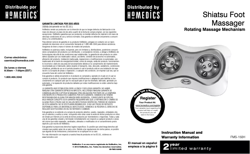 Page n°1 - Manuel utilisateur Homedics FMS-150H