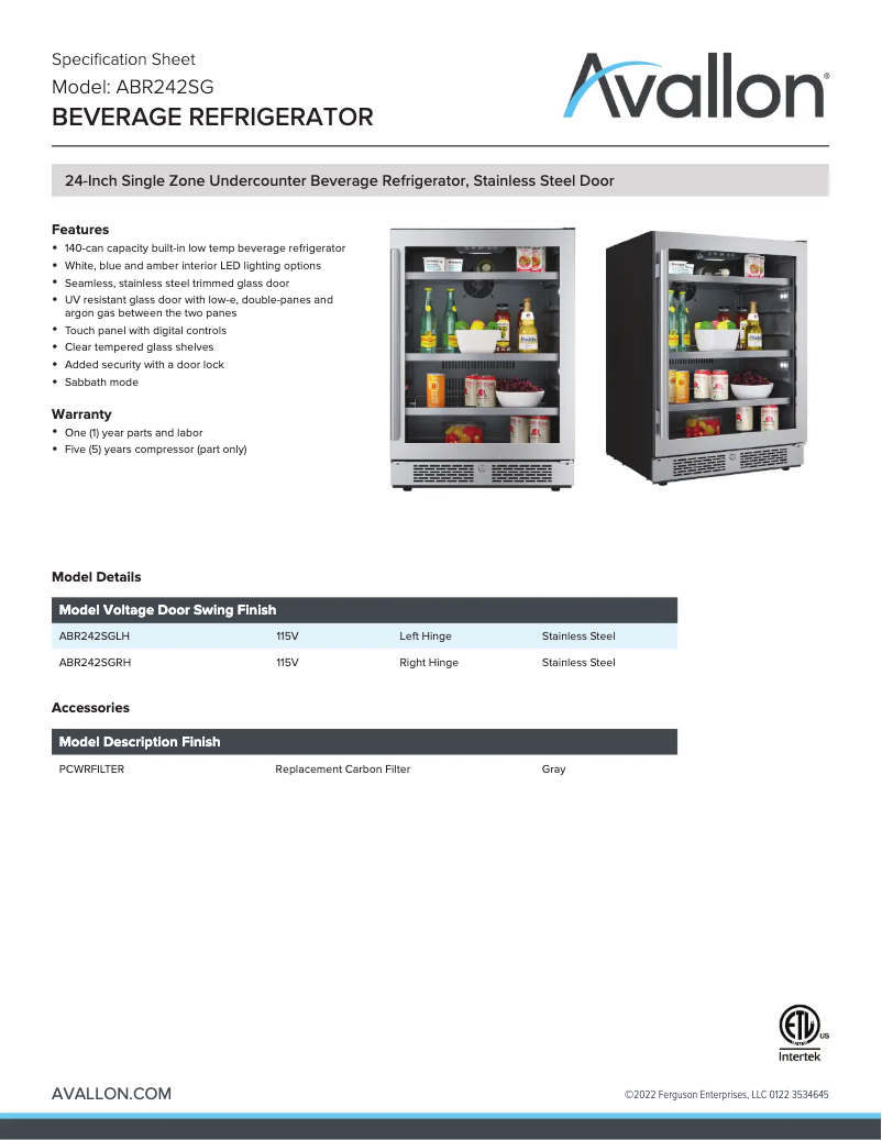 Page 1 de la notice Fiche technique Avallon ABR242SG